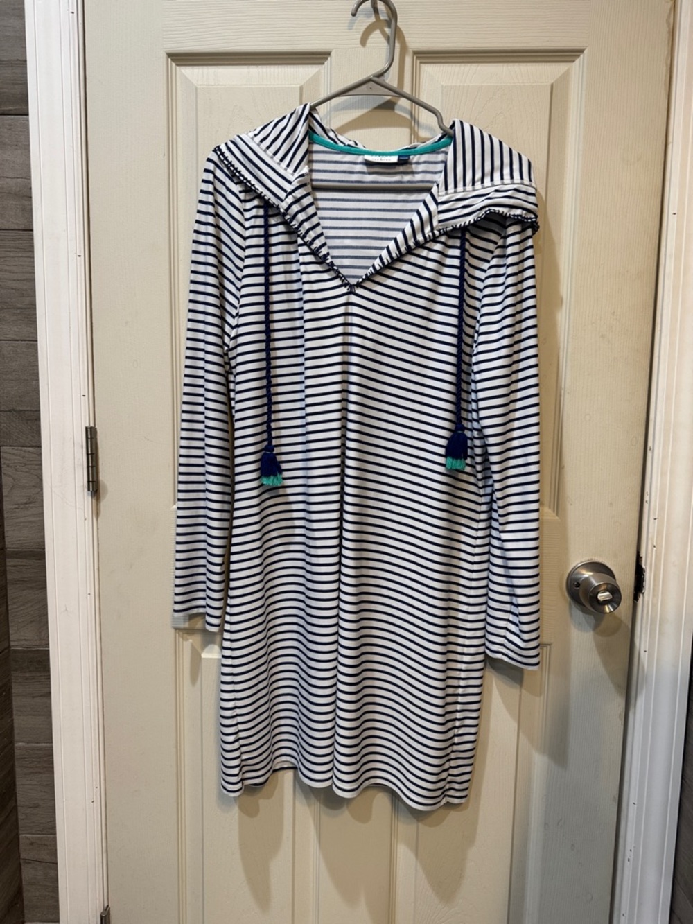 Talbots Striped Hooded Top in Navy, White and Teal Swimsuit Coverup